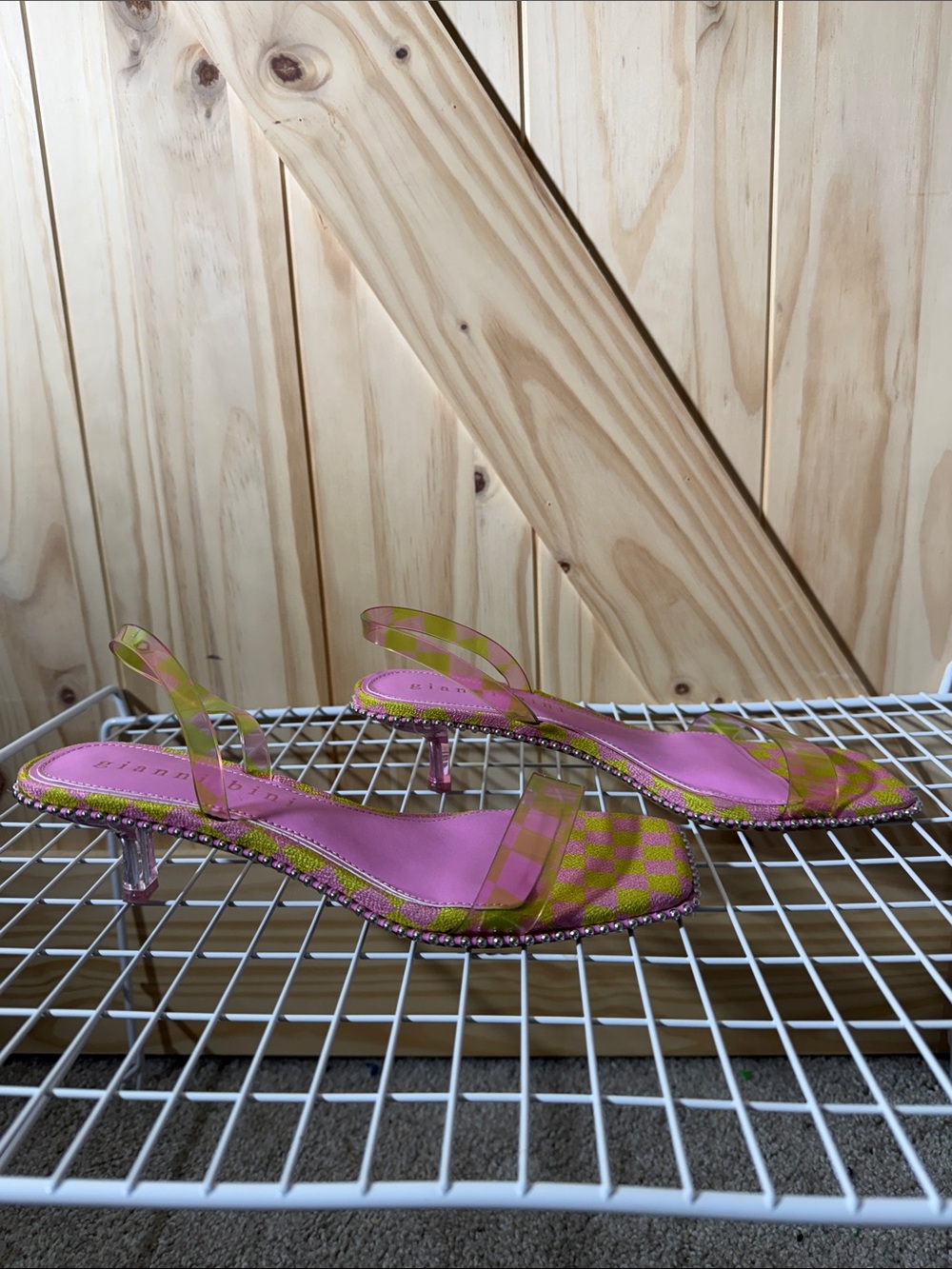 Gianni Bini Pink and Lime Check Slingback Kitten Heels